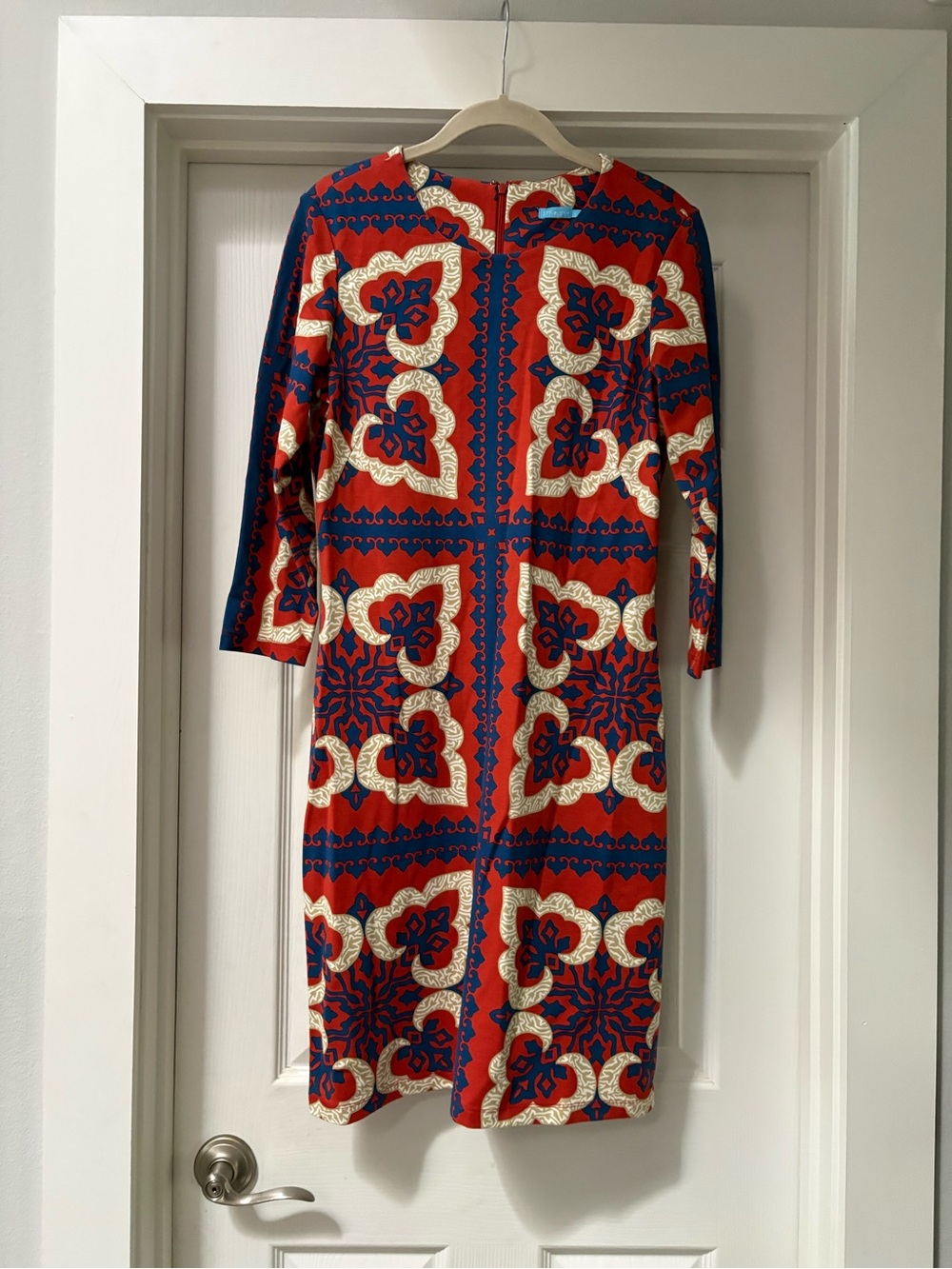 J. McLaughlin Red, Navy & Cream Patterned Midi Dress